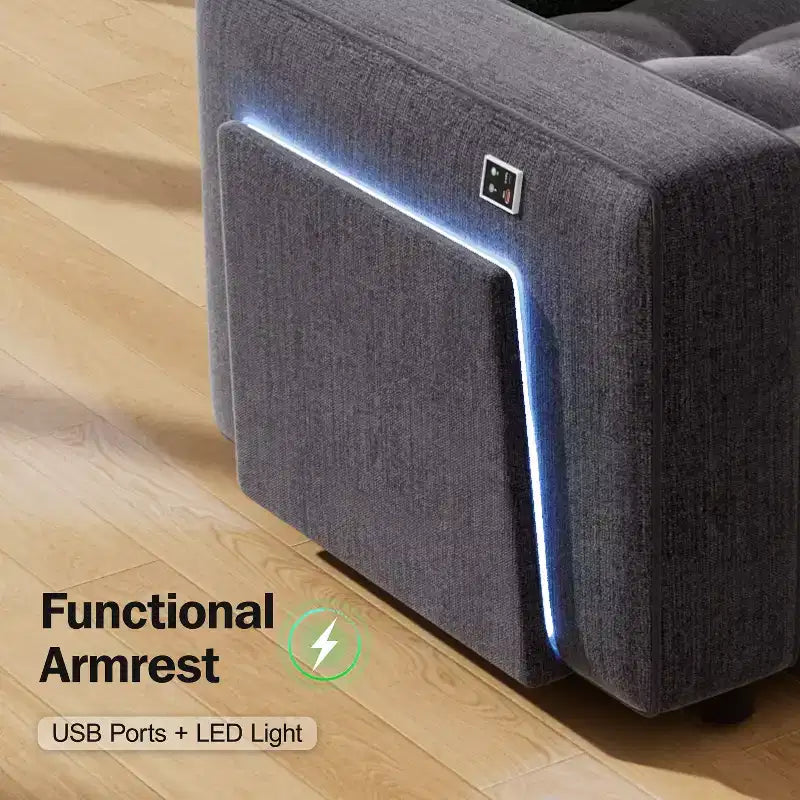 Divano letto componibile a 7 posti Dyonery con letto estraibile, schienale reclinabile, porte USB, tavolino, luci LED e sedili contenitore