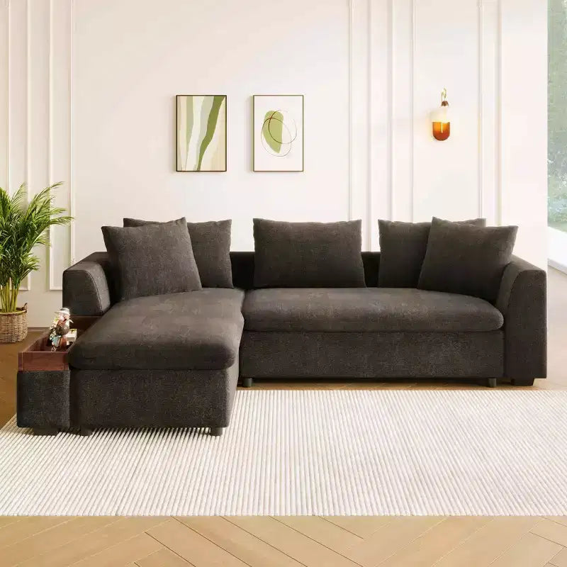 Divano Sezionale Moderno a L Merax in Tessuto Chenille con Vano Contenitore in Legno e Cuscini Decorativi