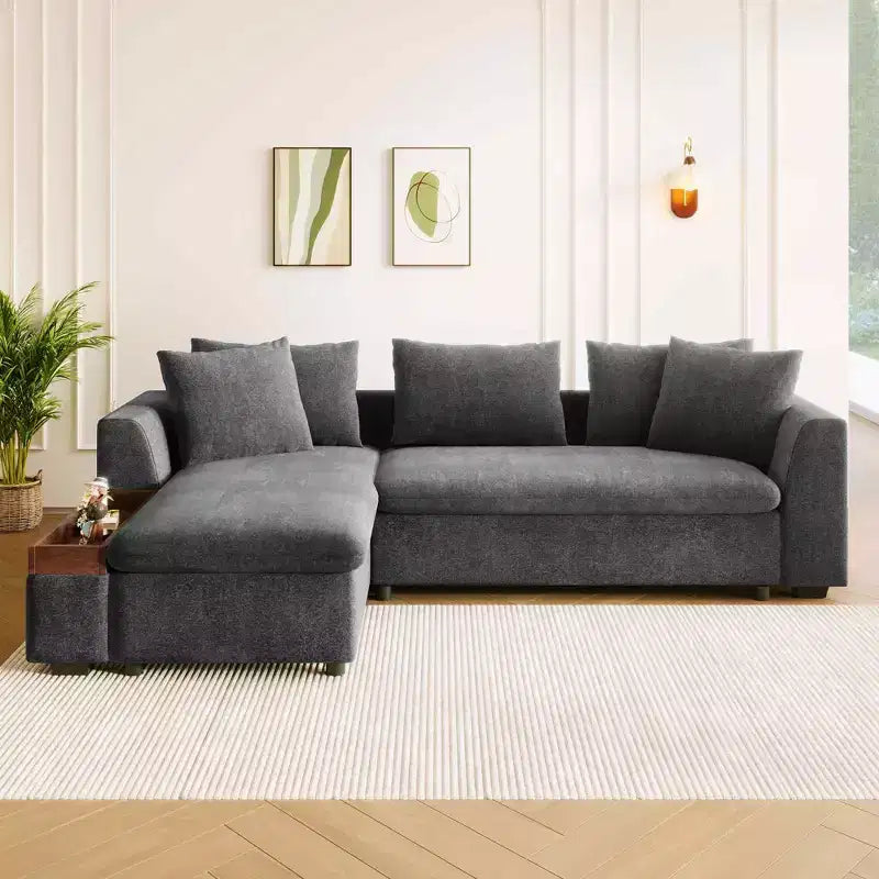 Divano Sezionale Moderno a L Merax in Tessuto Chenille con Vano Contenitore in Legno e Cuscini Decorativi