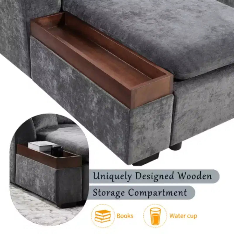 Divano Sezionale Moderno a L Merax in Tessuto Chenille con Vano Contenitore in Legno e Cuscini Decorativi