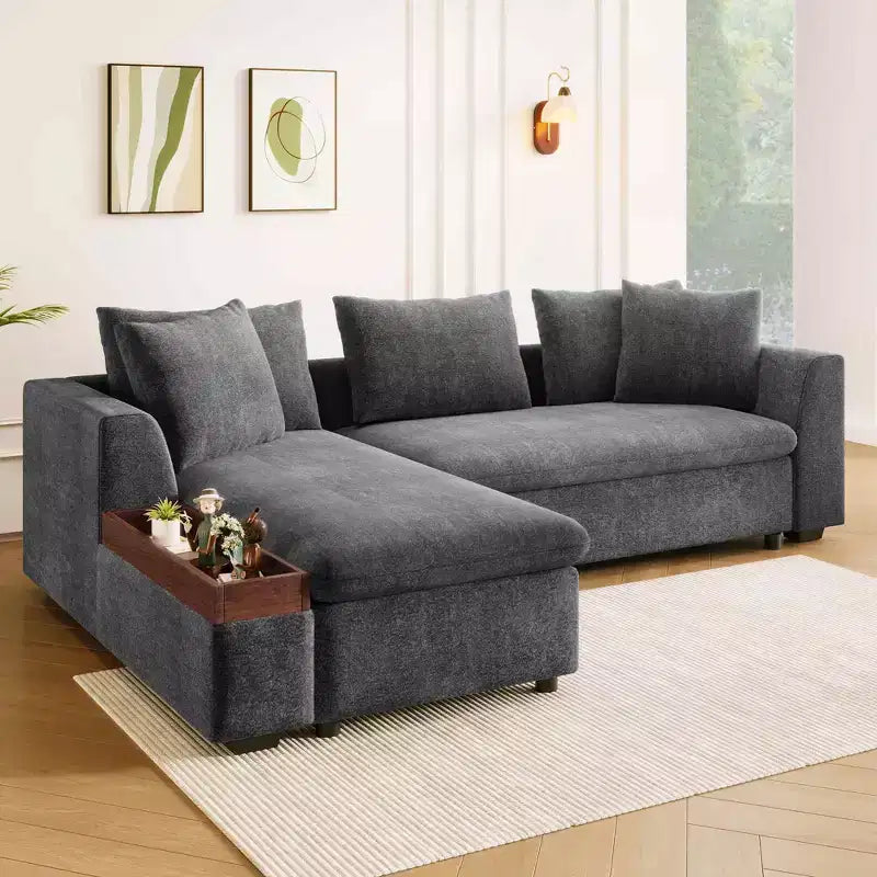 Divano Sezionale Moderno a L Merax in Tessuto Chenille con Vano Contenitore in Legno e Cuscini Decorativi