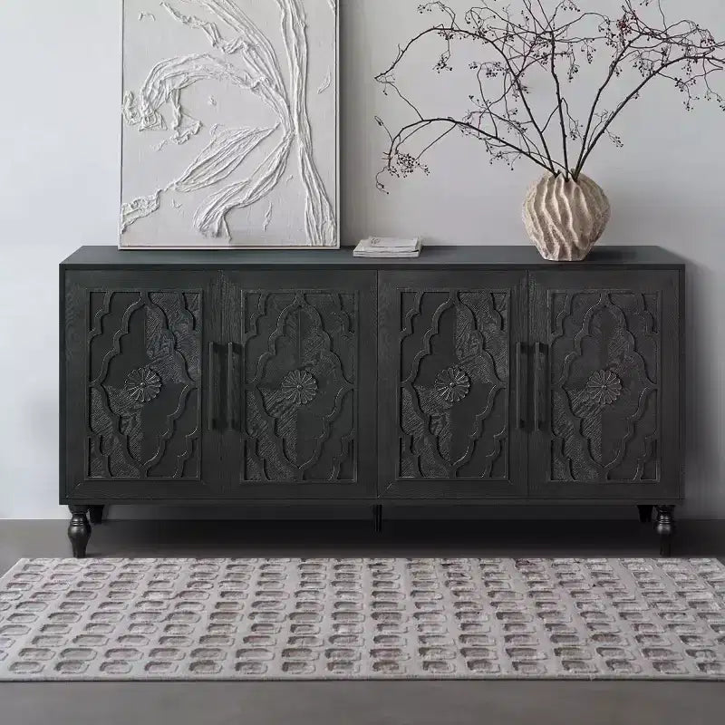 GDFStudio Mid Century Modern 62.99'' Carved Flower Door Cabinet with Adjustable Shelves