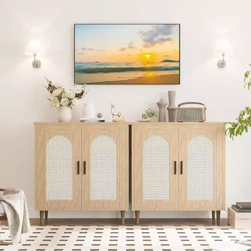 Madia Buffet Mobile Contenitore da Cucina con Rattan, Piedi in Legno Massello per Soggiorno, Ingresso