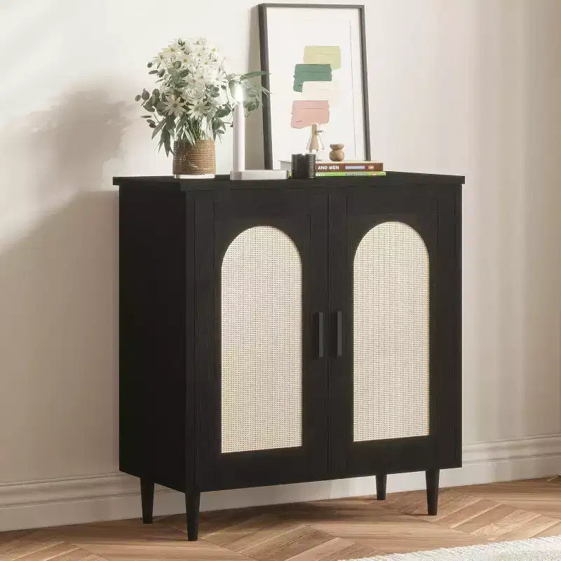 Madia Buffet Mobile Contenitore da Cucina con Rattan, Piedi in Legno Massello per Soggiorno, Ingresso