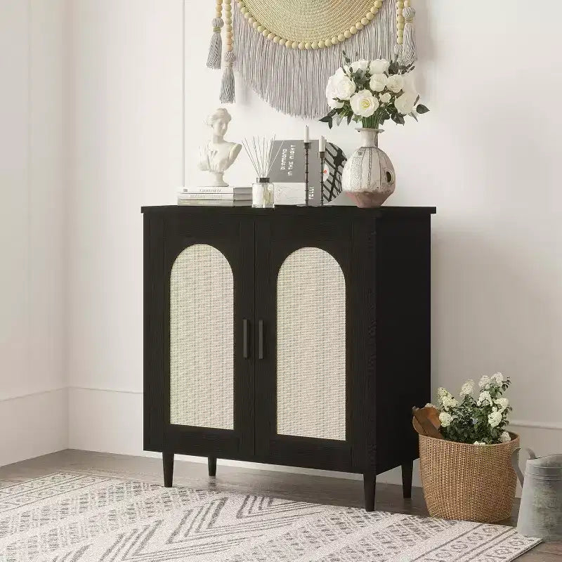 Madia Buffet Mobile Contenitore da Cucina con Rattan, Piedi in Legno Massello per Soggiorno, Ingresso