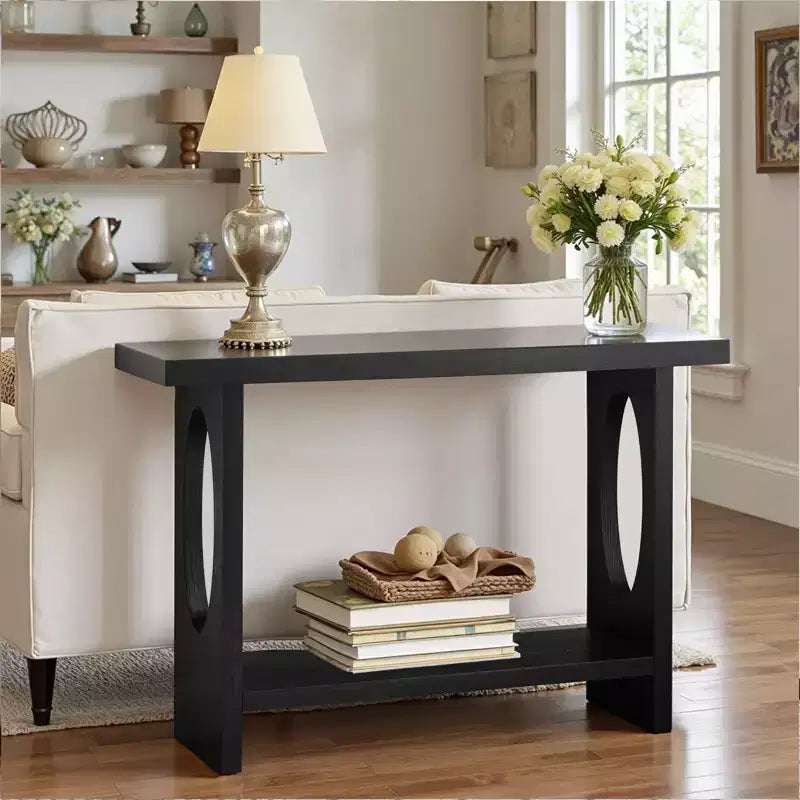 Bekrvio Tavoli console da fattoria in legno da 47 pollici con impiallacciatura in legno massello - Piano del tavolo ispessito da 2'', Tavolo stretto a 2 livelli dietro il divano