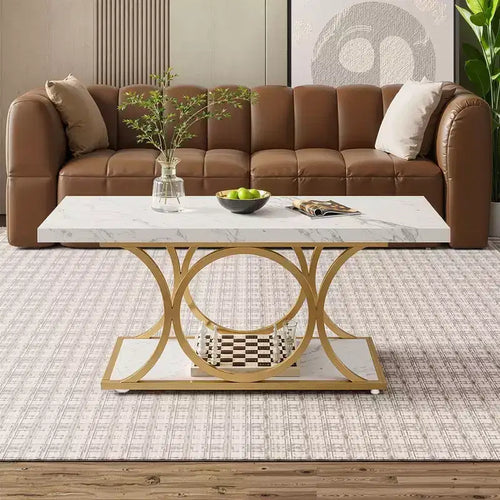 MAYEERTY 2-Tier Modern Coffee Table, White Faux Marble Top & Gold Metal Legs for Living Room