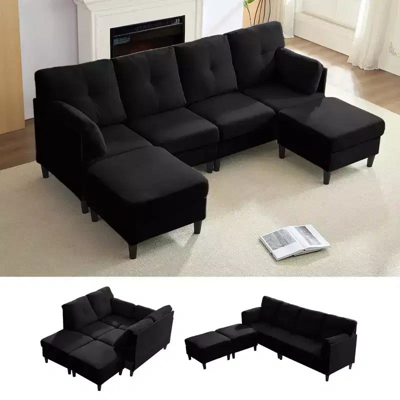 Mjkone Divano componibile modulare trasformabile, divano imbottito in tessuto comodo a 4 posti con pouf mobili