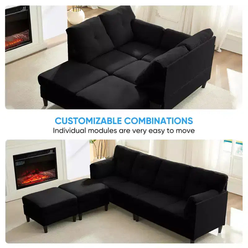 Mjkone Divano componibile modulare trasformabile, divano imbottito in tessuto comodo a 4 posti con pouf mobili