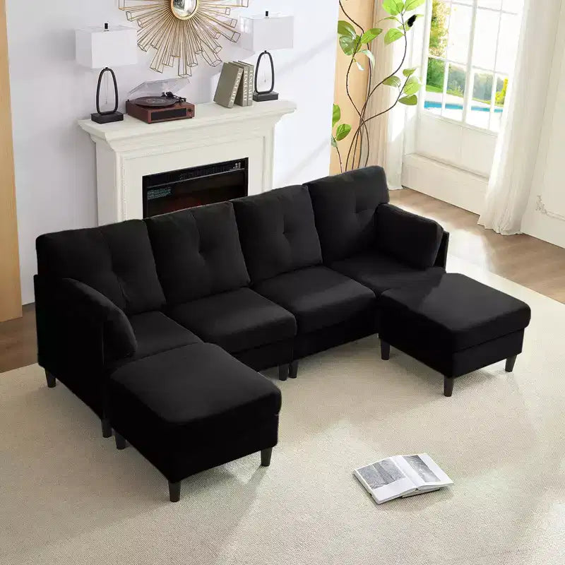 Mjkone Divano componibile modulare trasformabile, divano imbottito in tessuto comodo a 4 posti con pouf mobili