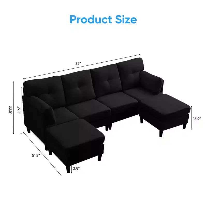 Mjkone Divano componibile modulare trasformabile, divano imbottito in tessuto comodo a 4 posti con pouf mobili