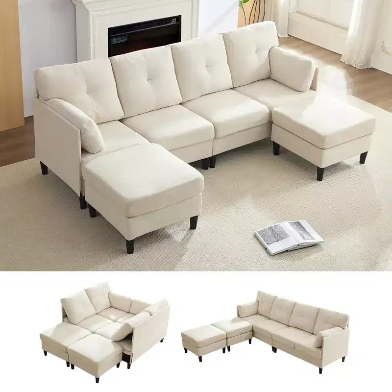 Mjkone Divano componibile modulare trasformabile, divano imbottito in tessuto comodo a 4 posti con pouf mobili