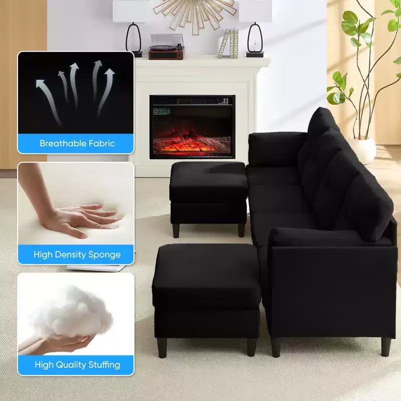 Mjkone Divano componibile modulare trasformabile, divano imbottito in tessuto comodo a 4 posti con pouf mobili