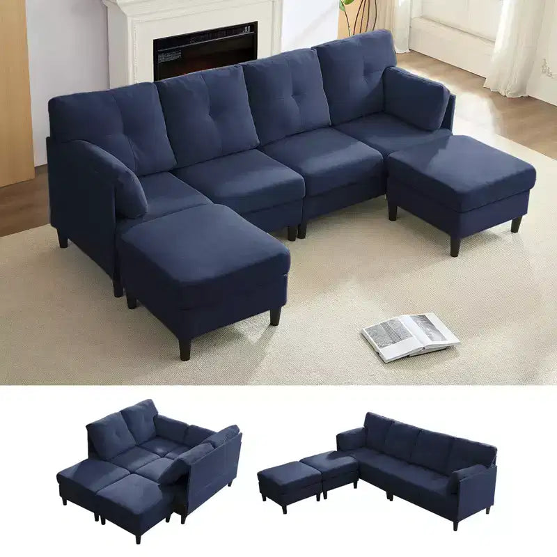 Mjkone Divano componibile modulare trasformabile, divano imbottito in tessuto comodo a 4 posti con pouf mobili