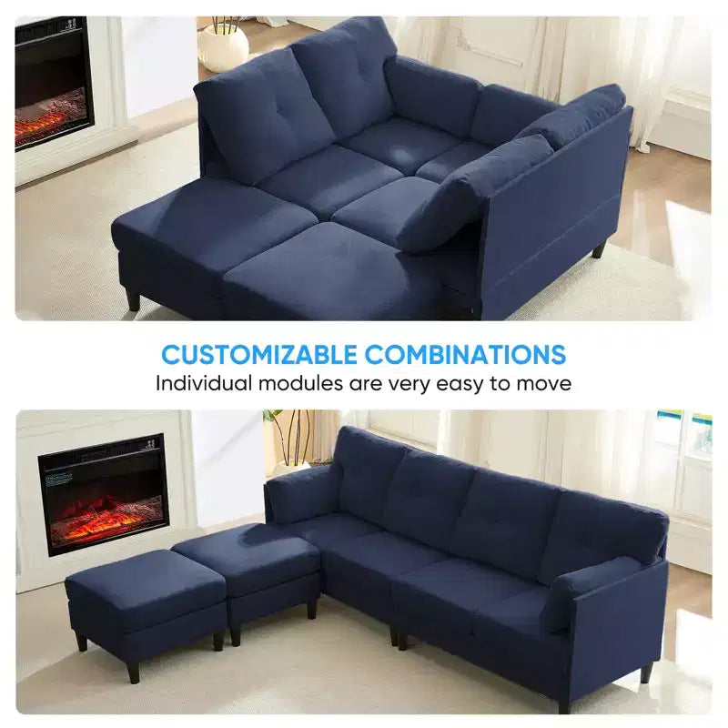 Mjkone Divano componibile modulare trasformabile, divano imbottito in tessuto comodo a 4 posti con pouf mobili