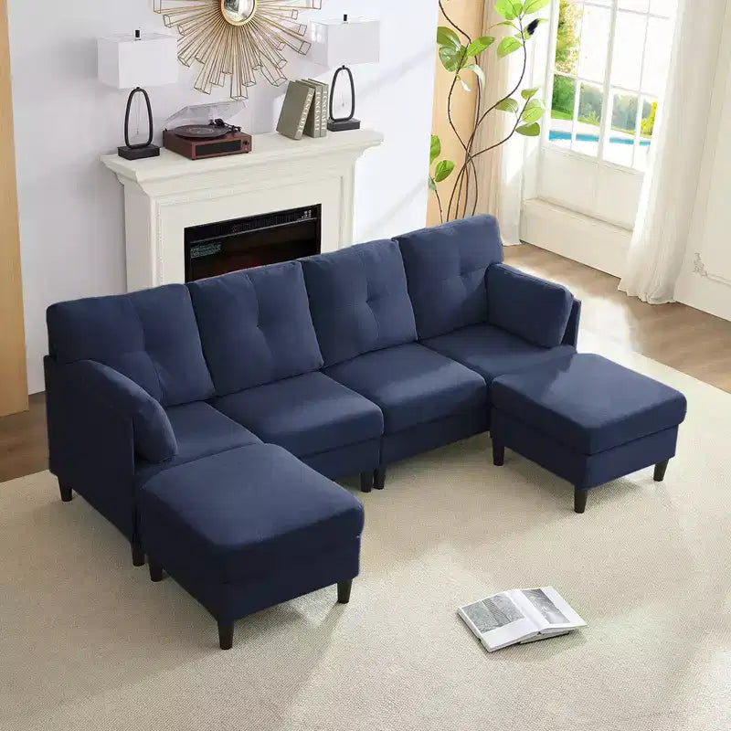 Mjkone Divano componibile modulare trasformabile, divano imbottito in tessuto comodo a 4 posti con pouf mobili