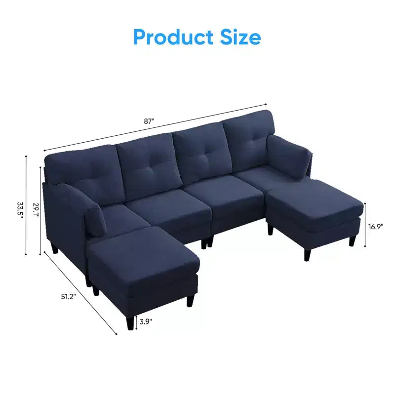 Mjkone Divano componibile modulare trasformabile, divano imbottito in tessuto comodo a 4 posti con pouf mobili