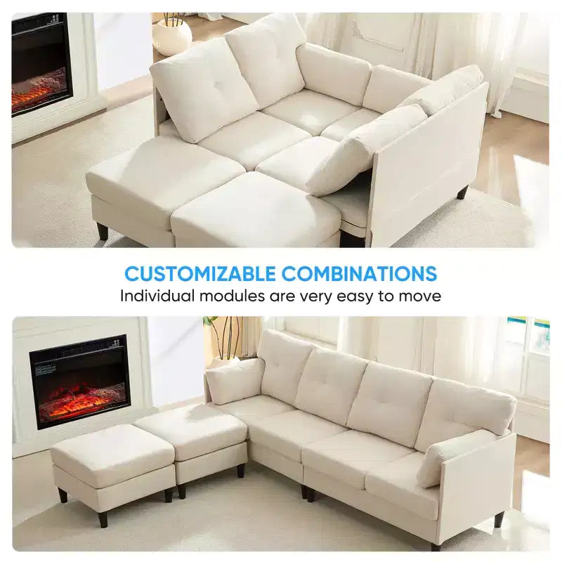 Mjkone Divano componibile modulare trasformabile, divano imbottito in tessuto comodo a 4 posti con pouf mobili