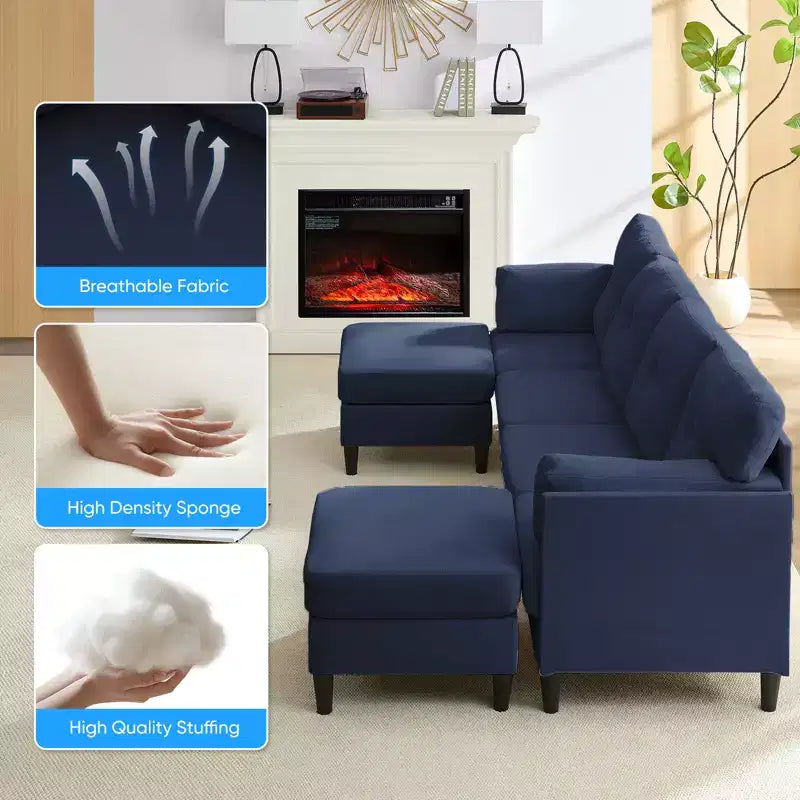 Mjkone Divano componibile modulare trasformabile, divano imbottito in tessuto comodo a 4 posti con pouf mobili