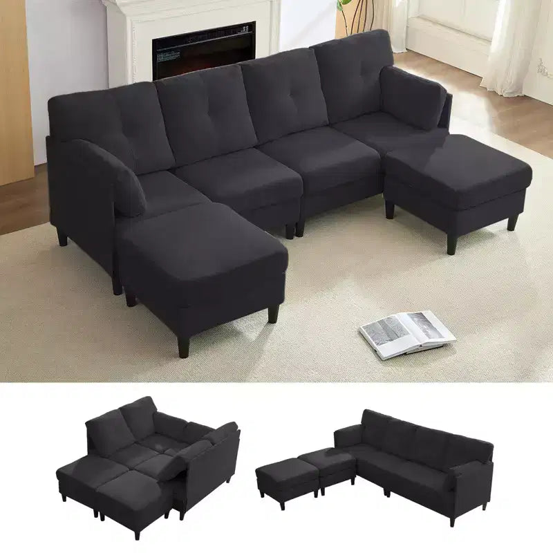 Mjkone Divano componibile modulare trasformabile, divano imbottito in tessuto comodo a 4 posti con pouf mobili