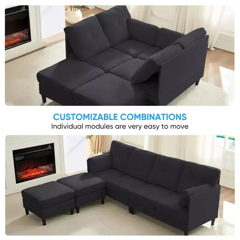 Mjkone Divano componibile modulare trasformabile, divano imbottito in tessuto comodo a 4 posti con pouf mobili