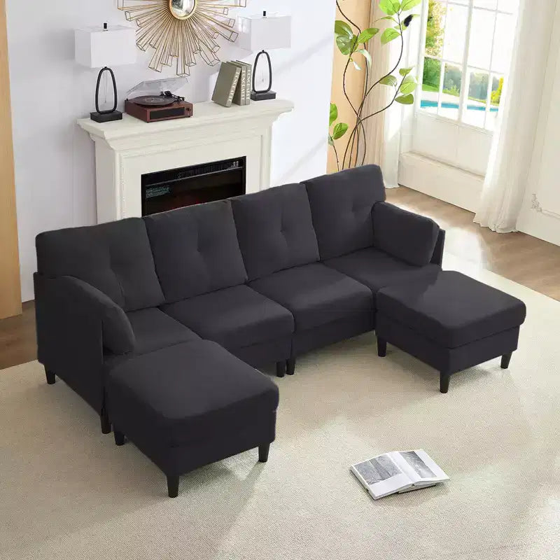 Mjkone Divano componibile modulare trasformabile, divano imbottito in tessuto comodo a 4 posti con pouf mobili