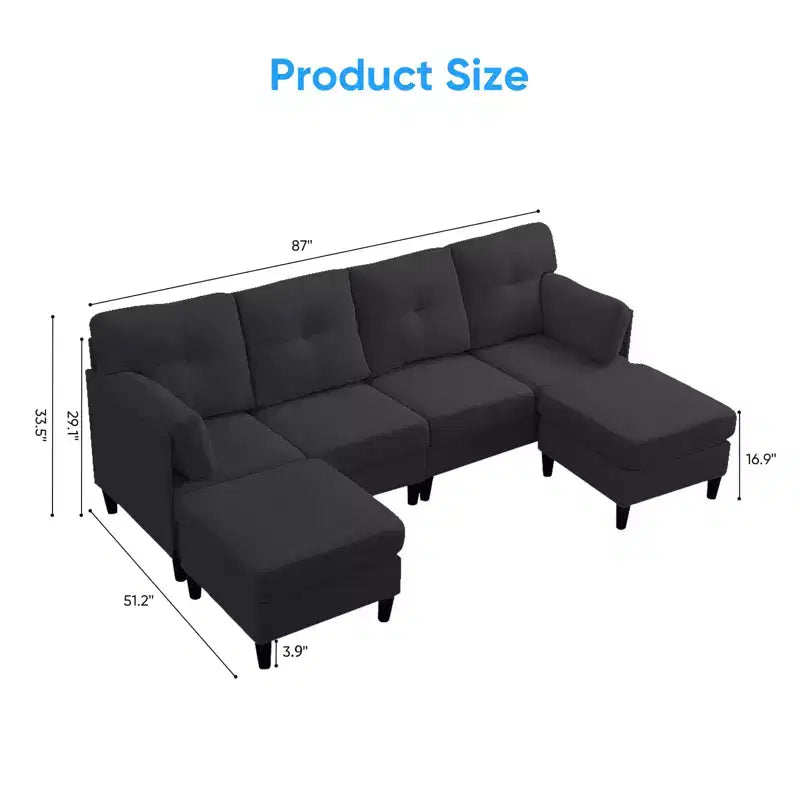 Mjkone Divano componibile modulare trasformabile, divano imbottito in tessuto comodo a 4 posti con pouf mobili