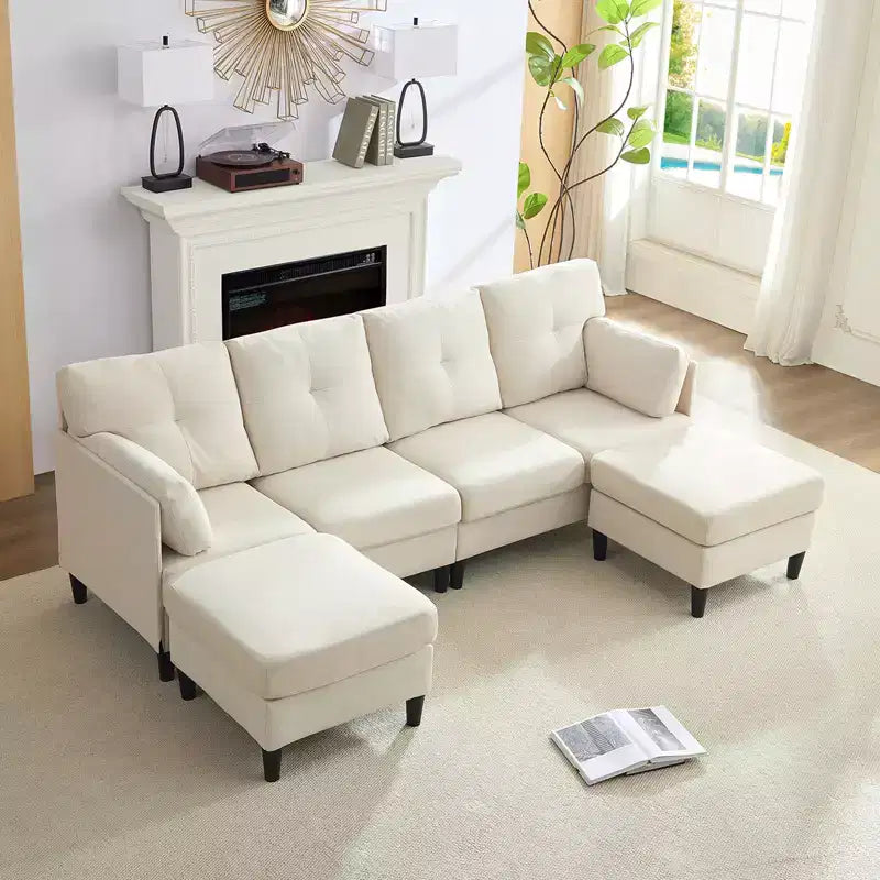 Mjkone Divano componibile modulare trasformabile, divano imbottito in tessuto comodo a 4 posti con pouf mobili