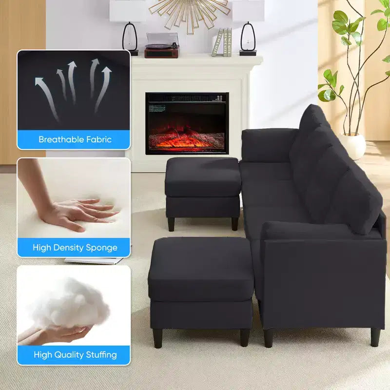 Mjkone Divano componibile modulare trasformabile, divano imbottito in tessuto comodo a 4 posti con pouf mobili