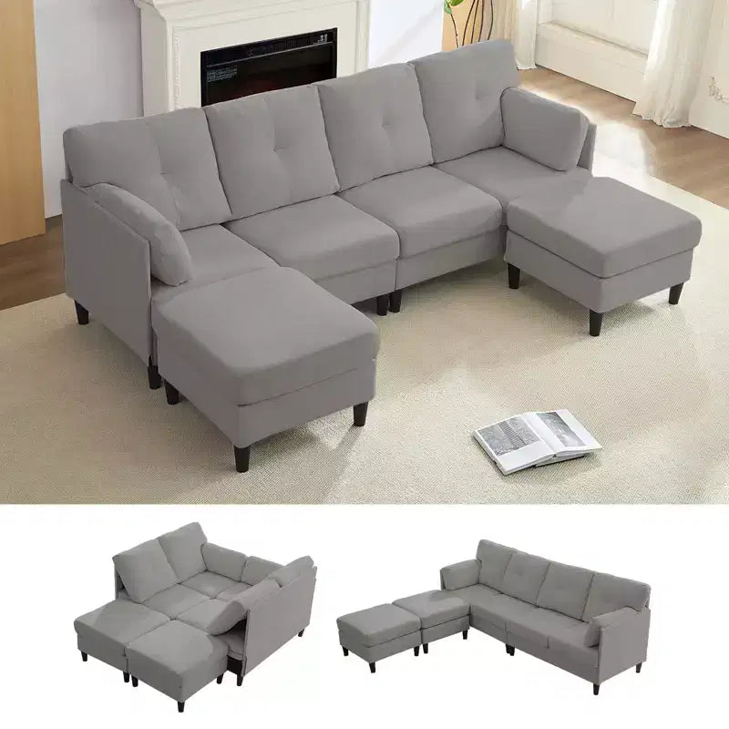 Mjkone Divano componibile modulare trasformabile, divano imbottito in tessuto comodo a 4 posti con pouf mobili