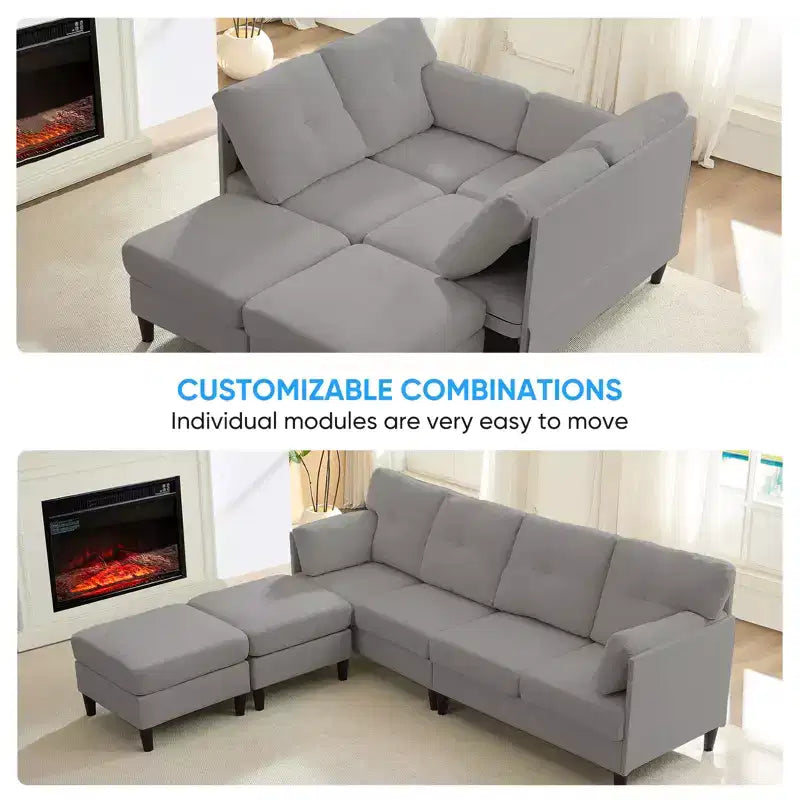 Mjkone Divano componibile modulare trasformabile, divano imbottito in tessuto comodo a 4 posti con pouf mobili