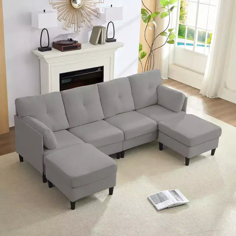 Mjkone Divano componibile modulare trasformabile, divano imbottito in tessuto comodo a 4 posti con pouf mobili
