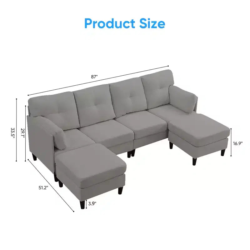 Mjkone Divano componibile modulare trasformabile, divano imbottito in tessuto comodo a 4 posti con pouf mobili