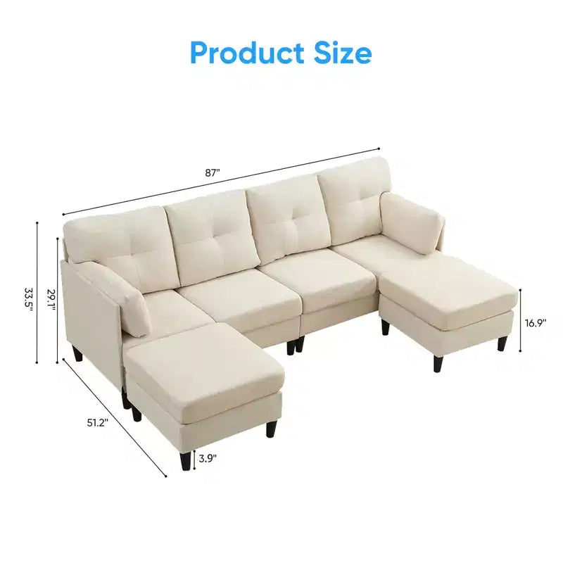 Mjkone Divano componibile modulare trasformabile, divano imbottito in tessuto comodo a 4 posti con pouf mobili