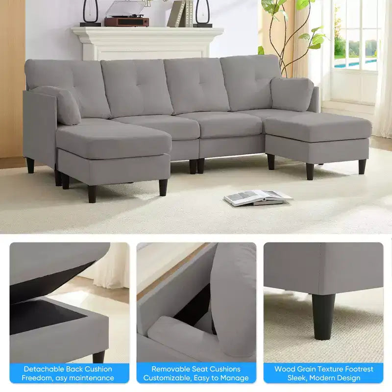 Mjkone Divano componibile modulare trasformabile, divano imbottito in tessuto comodo a 4 posti con pouf mobili
