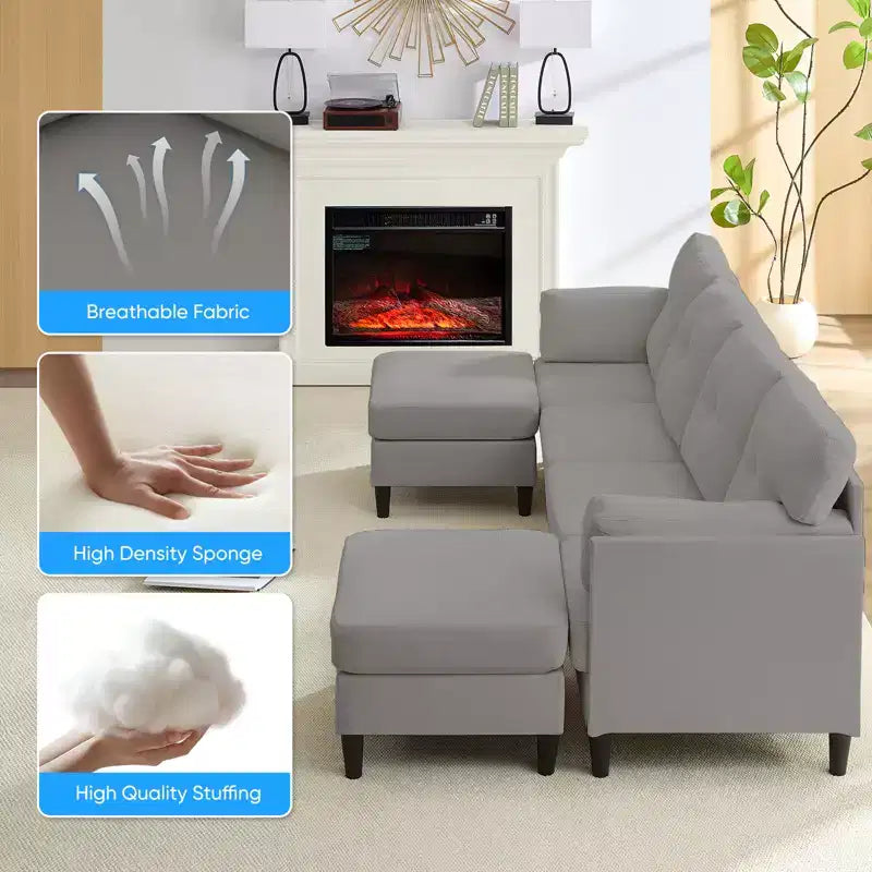 Mjkone Divano componibile modulare trasformabile, divano imbottito in tessuto comodo a 4 posti con pouf mobili