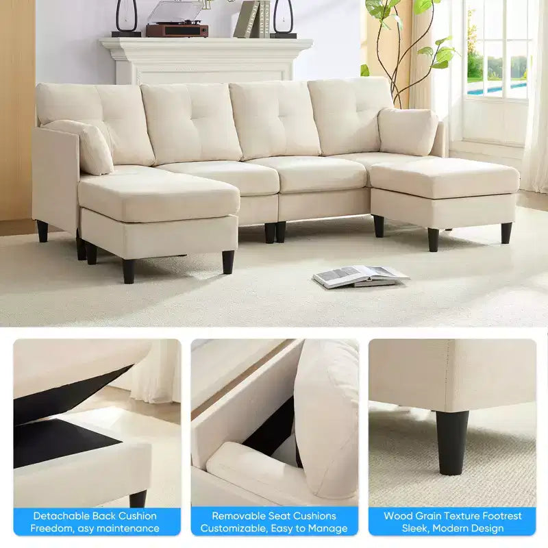 Mjkone Divano componibile modulare trasformabile, divano imbottito in tessuto comodo a 4 posti con pouf mobili