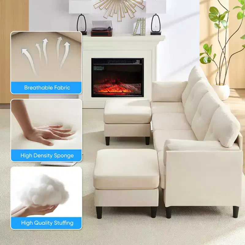 Mjkone Divano componibile modulare trasformabile, divano imbottito in tessuto comodo a 4 posti con pouf mobili