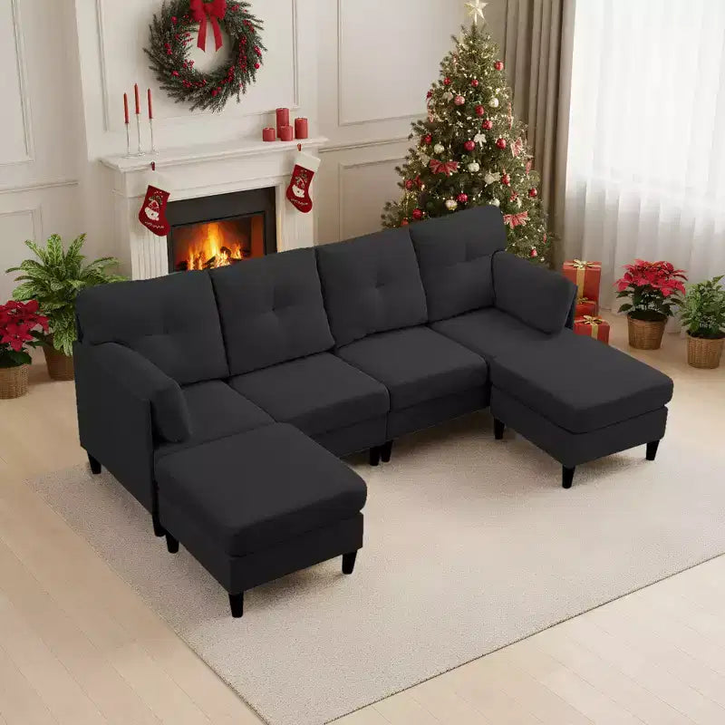 Mjkone Divano componibile modulare trasformabile, divano imbottito in tessuto comodo a 4 posti con pouf mobili