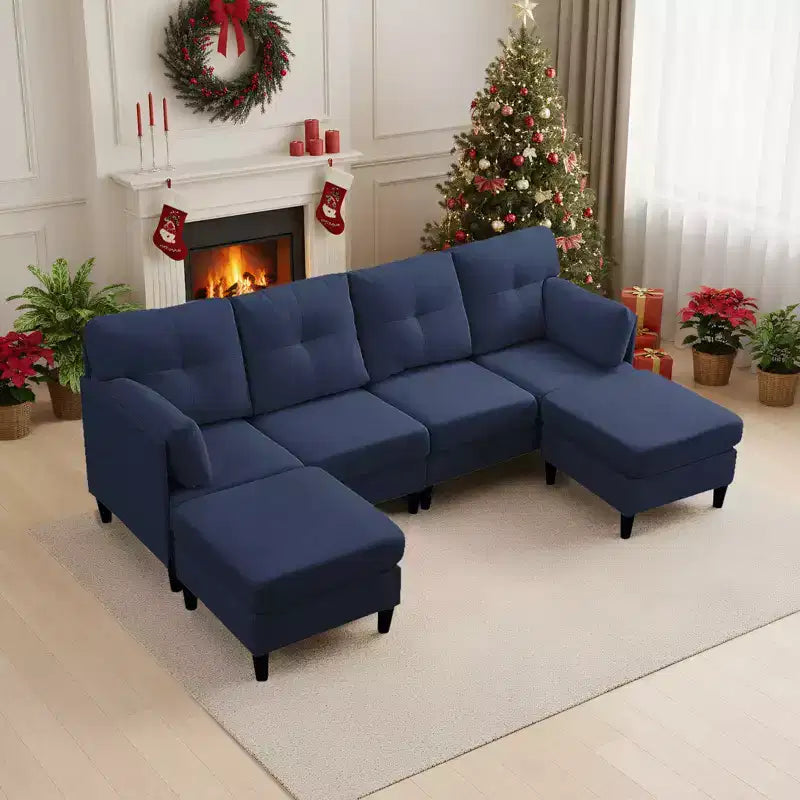 Mjkone Divano componibile modulare trasformabile, divano imbottito in tessuto comodo a 4 posti con pouf mobili
