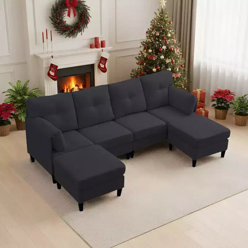 Mjkone Divano componibile modulare trasformabile, divano imbottito in tessuto comodo a 4 posti con pouf mobili