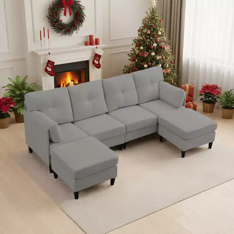Mjkone Divano componibile modulare trasformabile, divano imbottito in tessuto comodo a 4 posti con pouf mobili