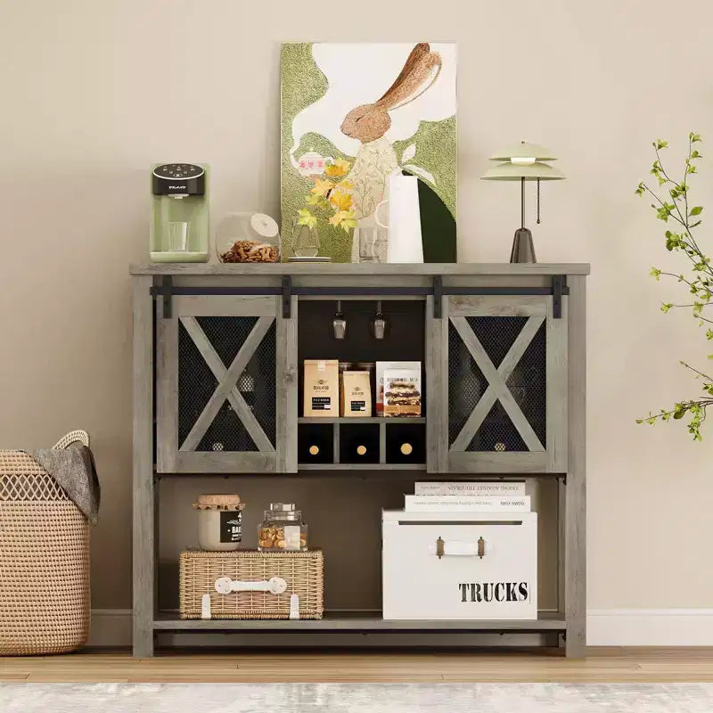 Mobile Bar con Anta Scorrevole, Mobile Caffè con Portabottiglie e Portabicchieri, Credenza da Cucina con Ripiani, Mobile per Liquori