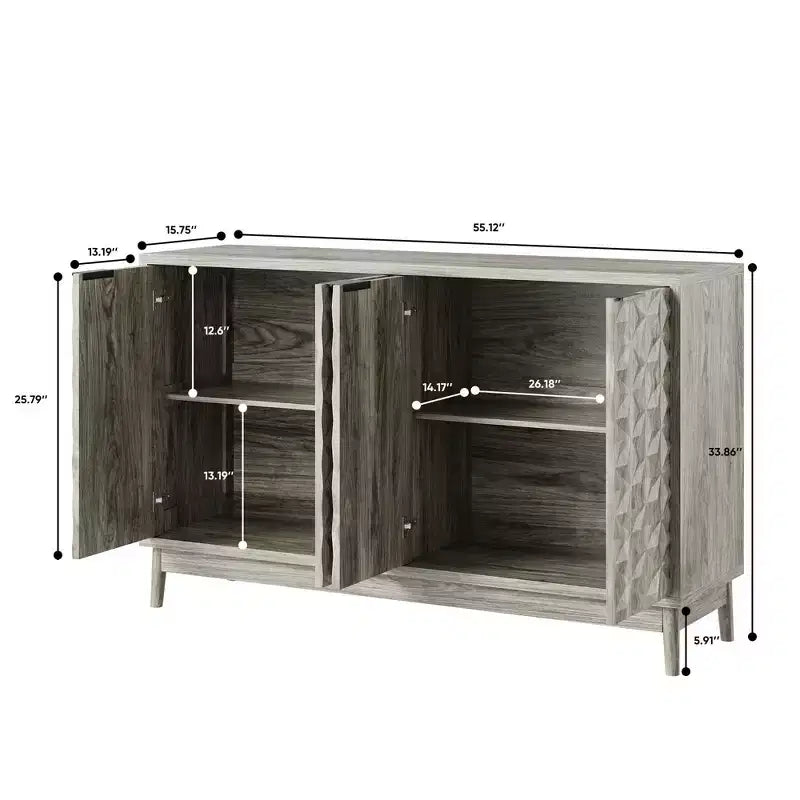 GDFStudio Hwei Mobile Contenitore Moderno da 140 cm con 4 Ante a Rilievo Diamantato e Ripiani Regolabili