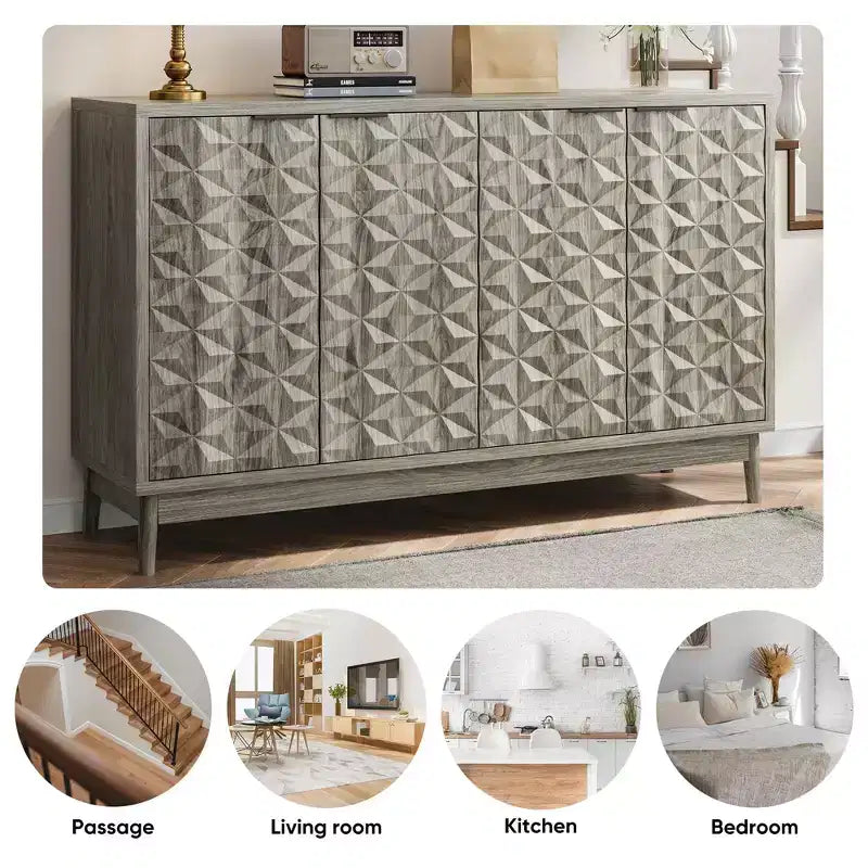 GDFStudio Hwei Mobile Contenitore Moderno da 140 cm con 4 Ante a Rilievo Diamantato e Ripiani Regolabili