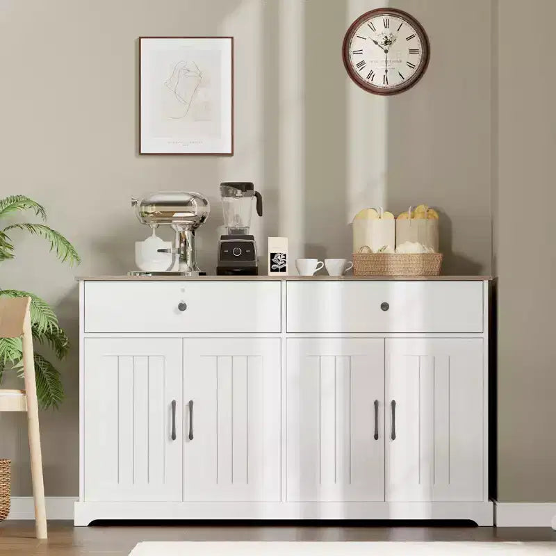 56 Large Sideboard Buffet Cabinet with Storage, Wooden Kitchen Storage Cabinet with Adjustable Shelf White