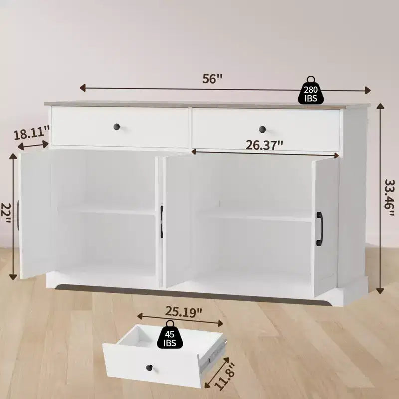 56 Grande credenza a buffet con ante, armadietto da cucina in legno con ripiani regolabili Bianco