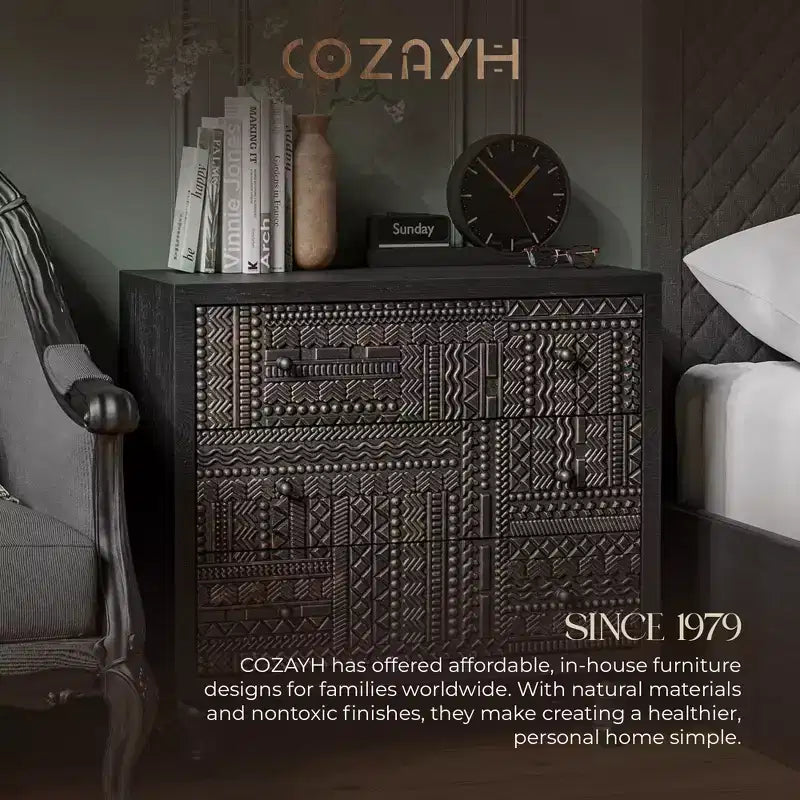 COZAYH Cassettiera da camera da letto in stile rustico a 3 cassetti con motivo geometrico, nera