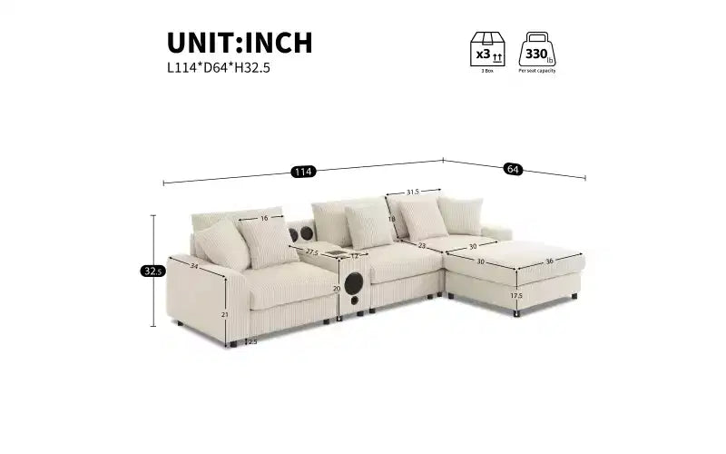 Divano componibile a L a 4 posti Whisen, comoda chaise longue convertibile, console, altoparlanti Bluetooth, porte USB, portabicchieri