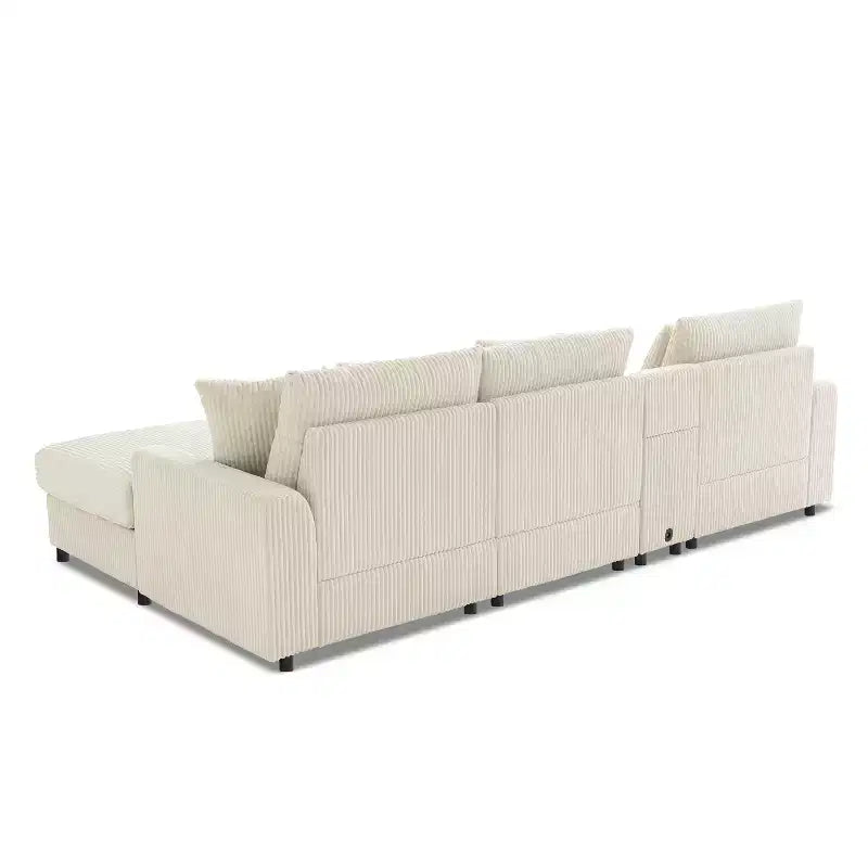 Divano componibile a L a 4 posti Whisen, comoda chaise longue convertibile, console, altoparlanti Bluetooth, porte USB, portabicchieri
